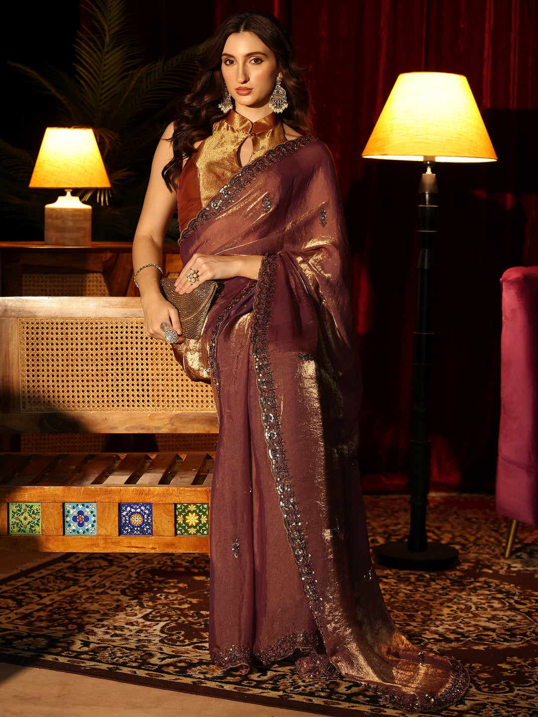 Libas Brown Embellished Tissue Saree