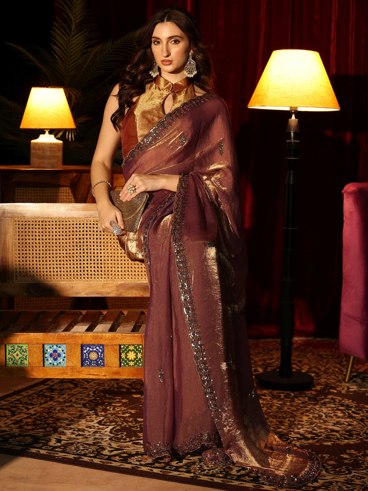 Libas Brown Embellished Tissue Saree