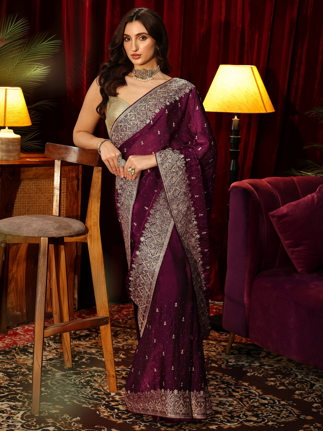 Libas Burgundy Embellished Tissue Saree