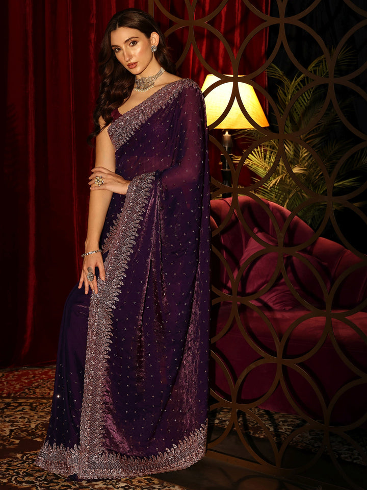 Libas Imperial Purple Embellished Tissue Saree