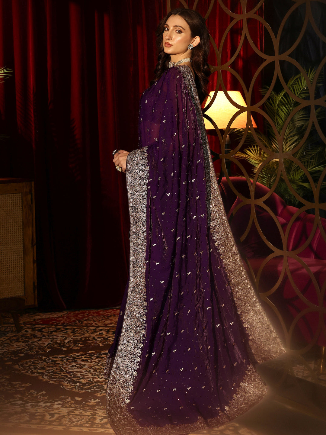 Libas Imperial Purple Embellished Tissue Saree