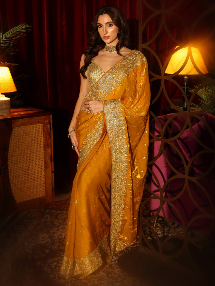 Libas Mustard Embellished Tissue Saree