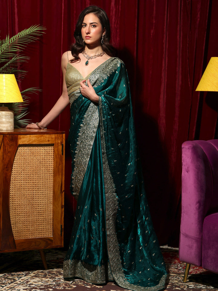Libas Teal Green Embellished Tissue Saree