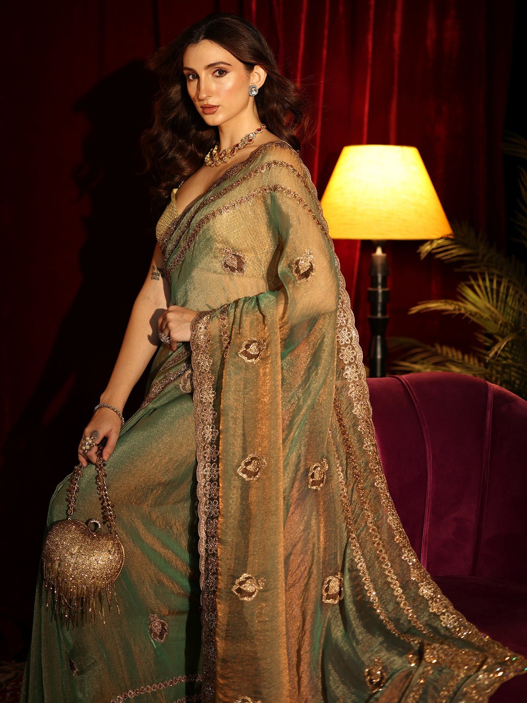 Libas Fern Green Embellished Tissue Saree
