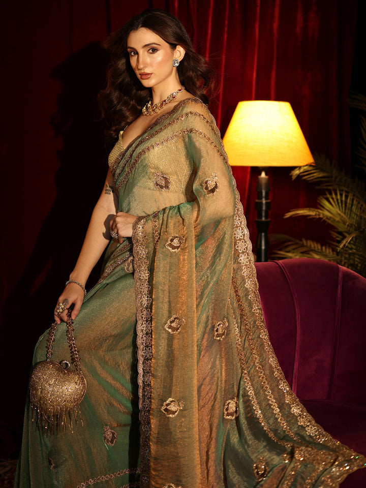 Libas Fern Green Embellished Tissue Saree