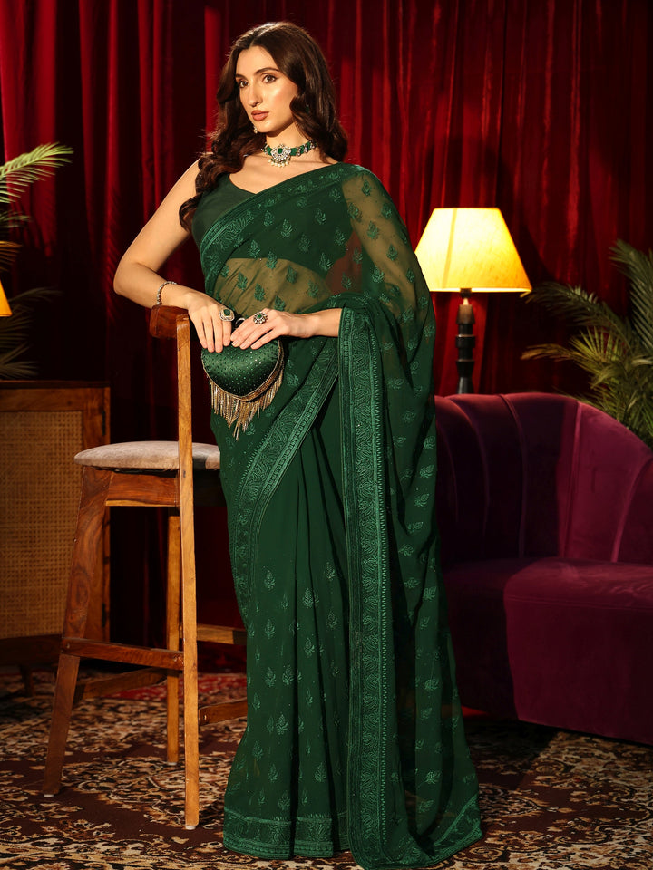 Libas Floral Embroidered Forest Green Georgette Saree