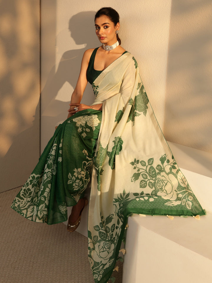 Libas Forest Green Floral Printed Cotton Blend Saree