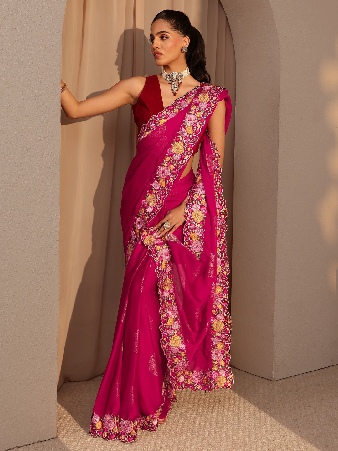 Fuchsia Pink Chiffon Saree with Floral Border