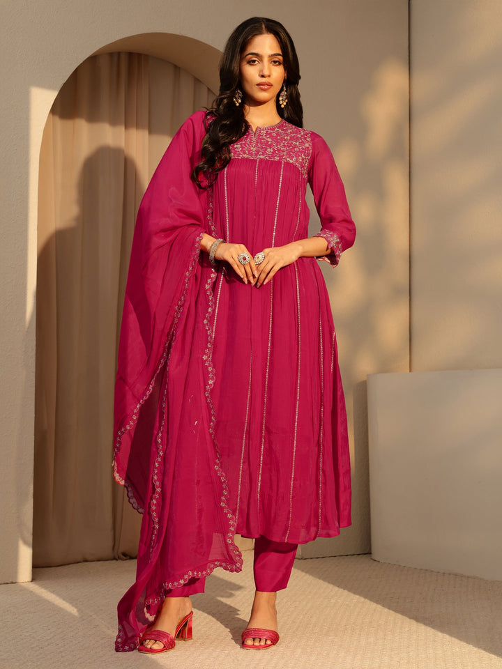 Libas Fuchsia Pink Embellished Yoke  Chanderi Cotton A-Line Suit Set