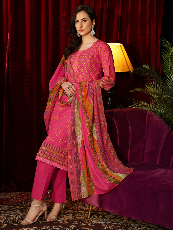 Libas Fuchsia Pink Floral Printed Cotton Blend Straight Suit Set