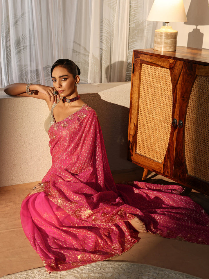 Fuchsia Pink Ethnic Embroidered Net Saree