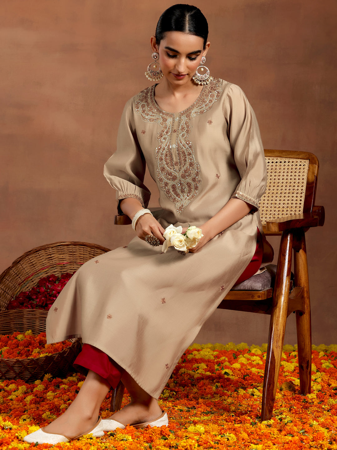 Beige Embroidered Silk Straight Kurta