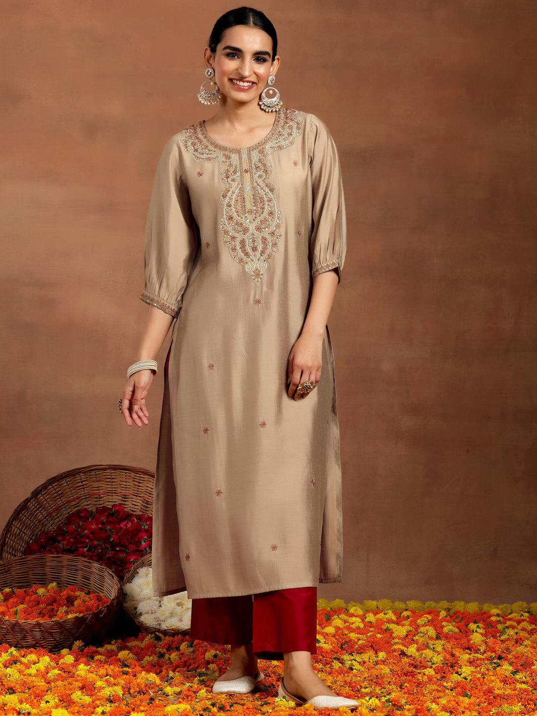 Beige Embroidered Silk Straight Kurta