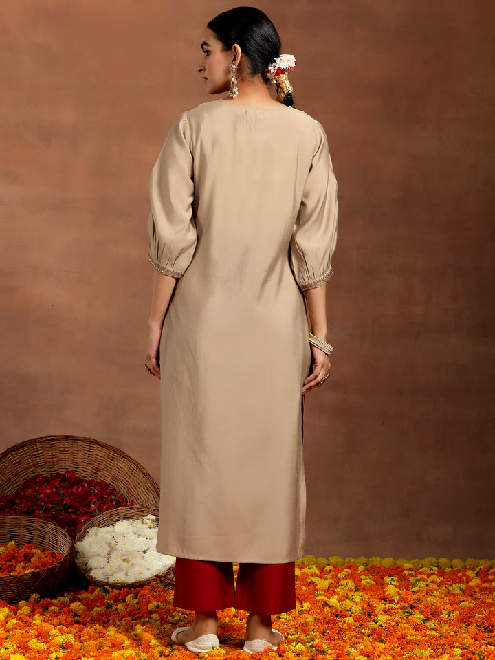 Beige Embroidered Silk Straight Kurta