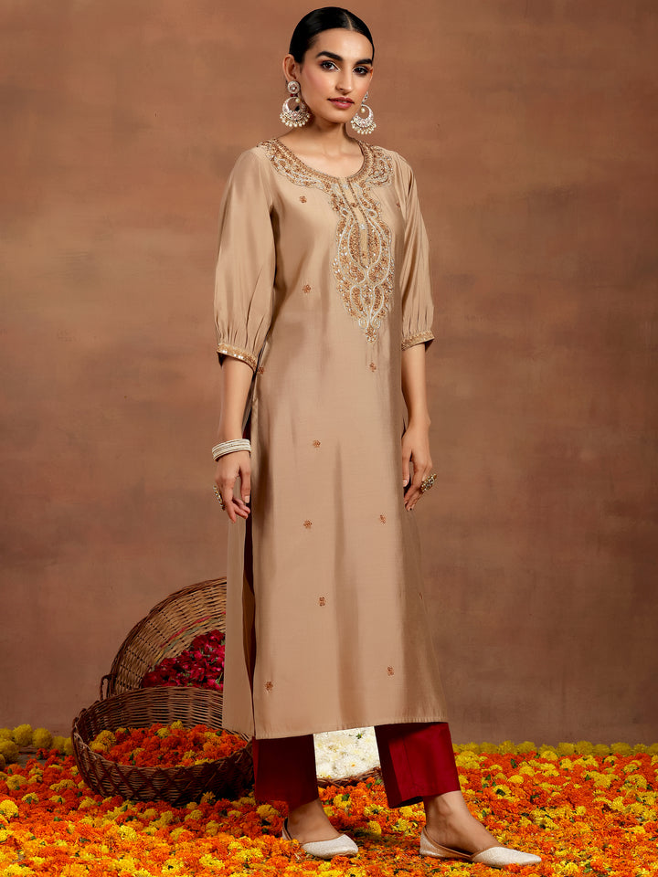 Beige Embroidered Silk Straight Kurta