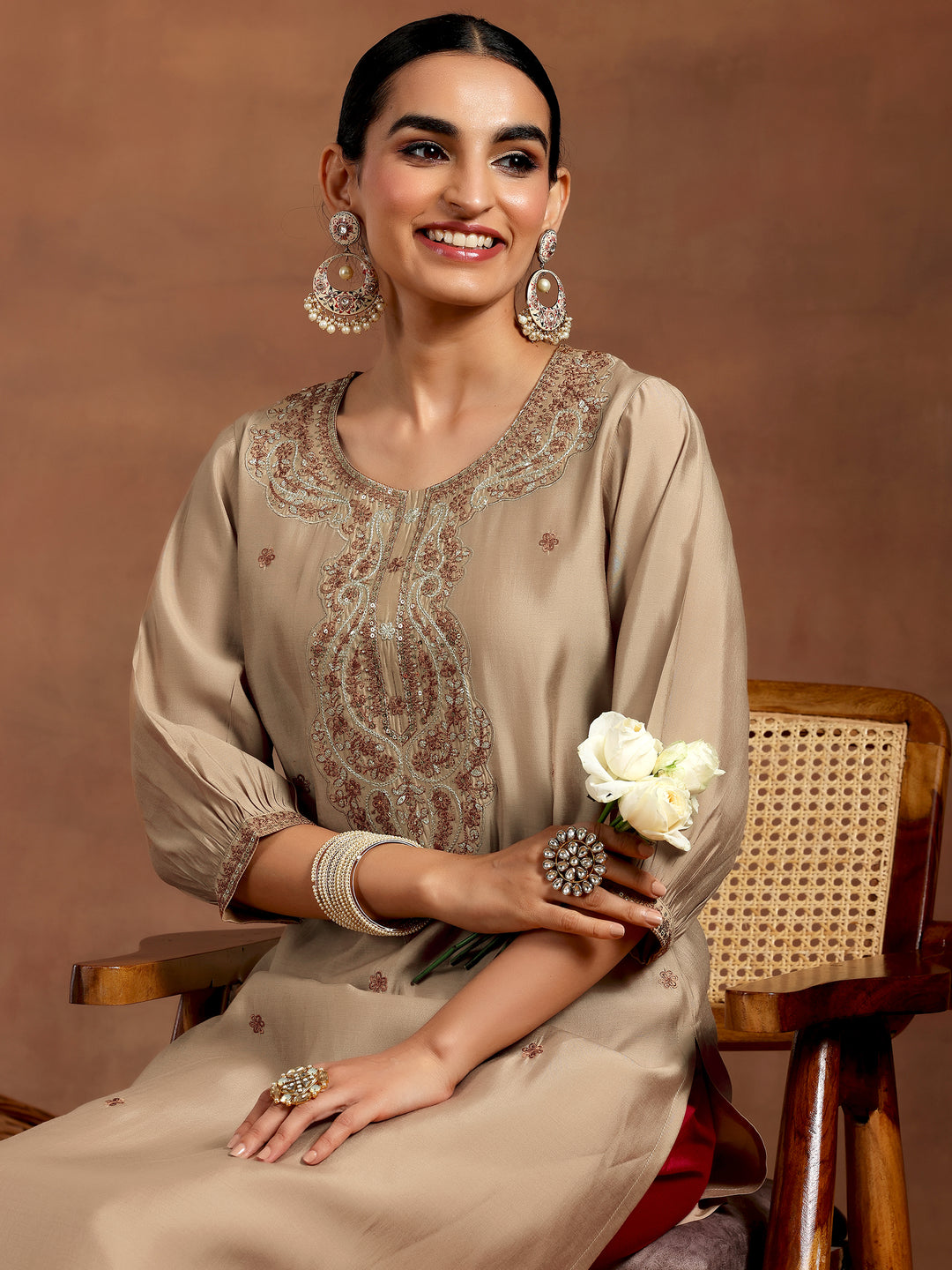 Beige Embroidered Silk Straight Kurta