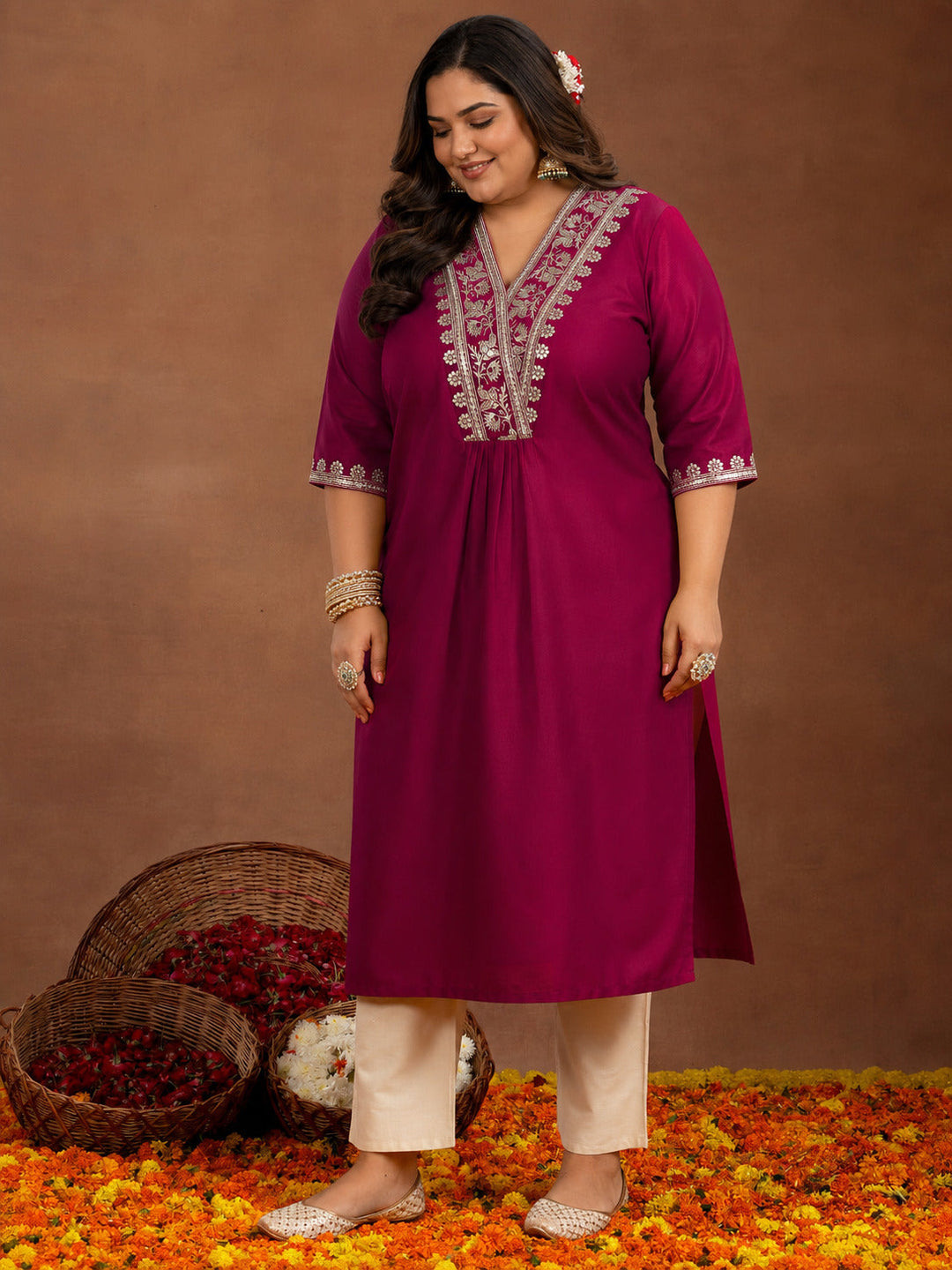 Plus Size Maroon Yoke Design Silk Straight Kurta