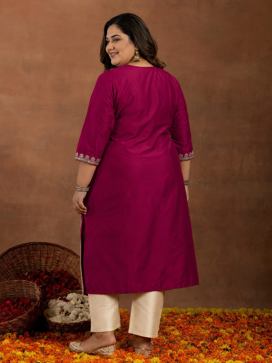 Plus Size Maroon Yoke Design Silk Straight Kurta