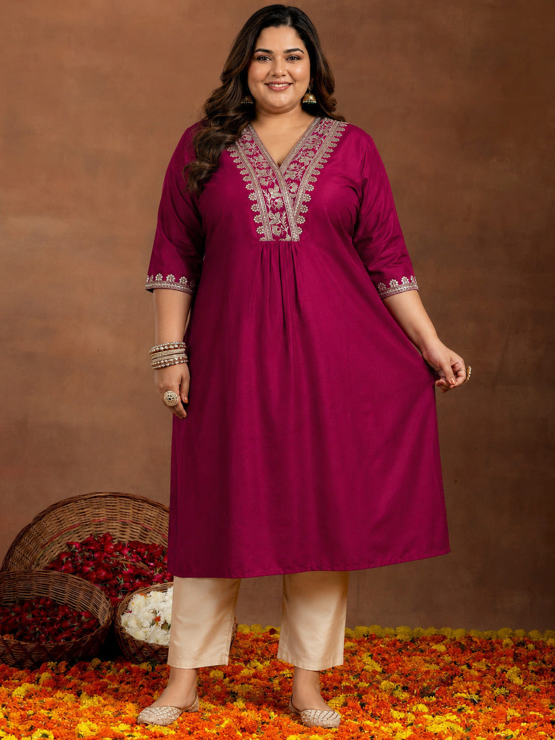 Plus Size Maroon Yoke Design Silk Straight Kurta