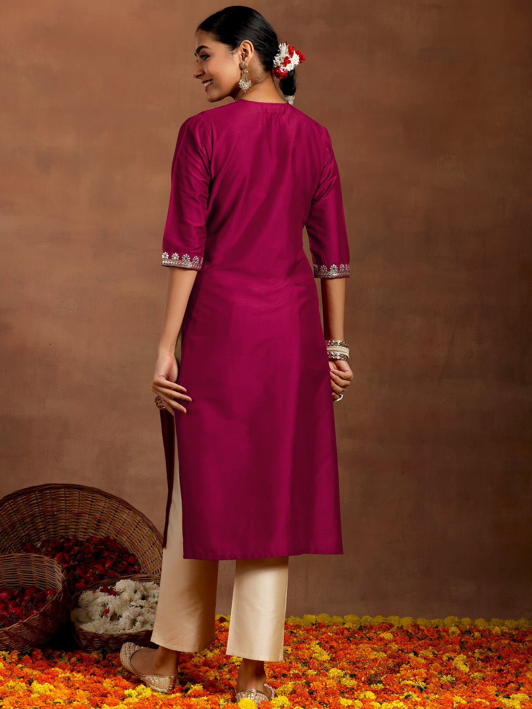 Maroon Yoke Design Silk Straight Kurta