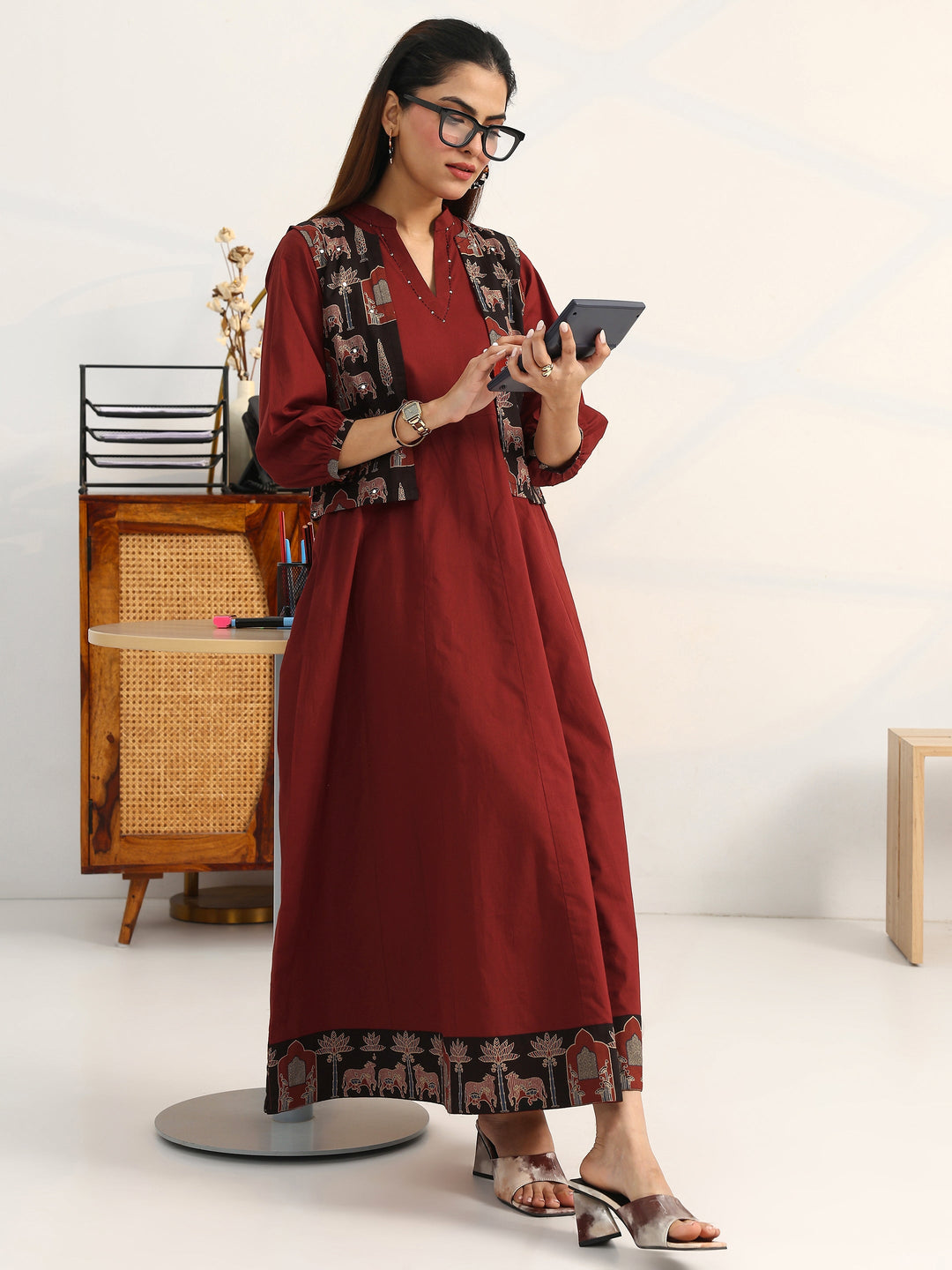 Rust Solid Cotton A-Line Puff Sleeves One Piece Dress With Jacket
