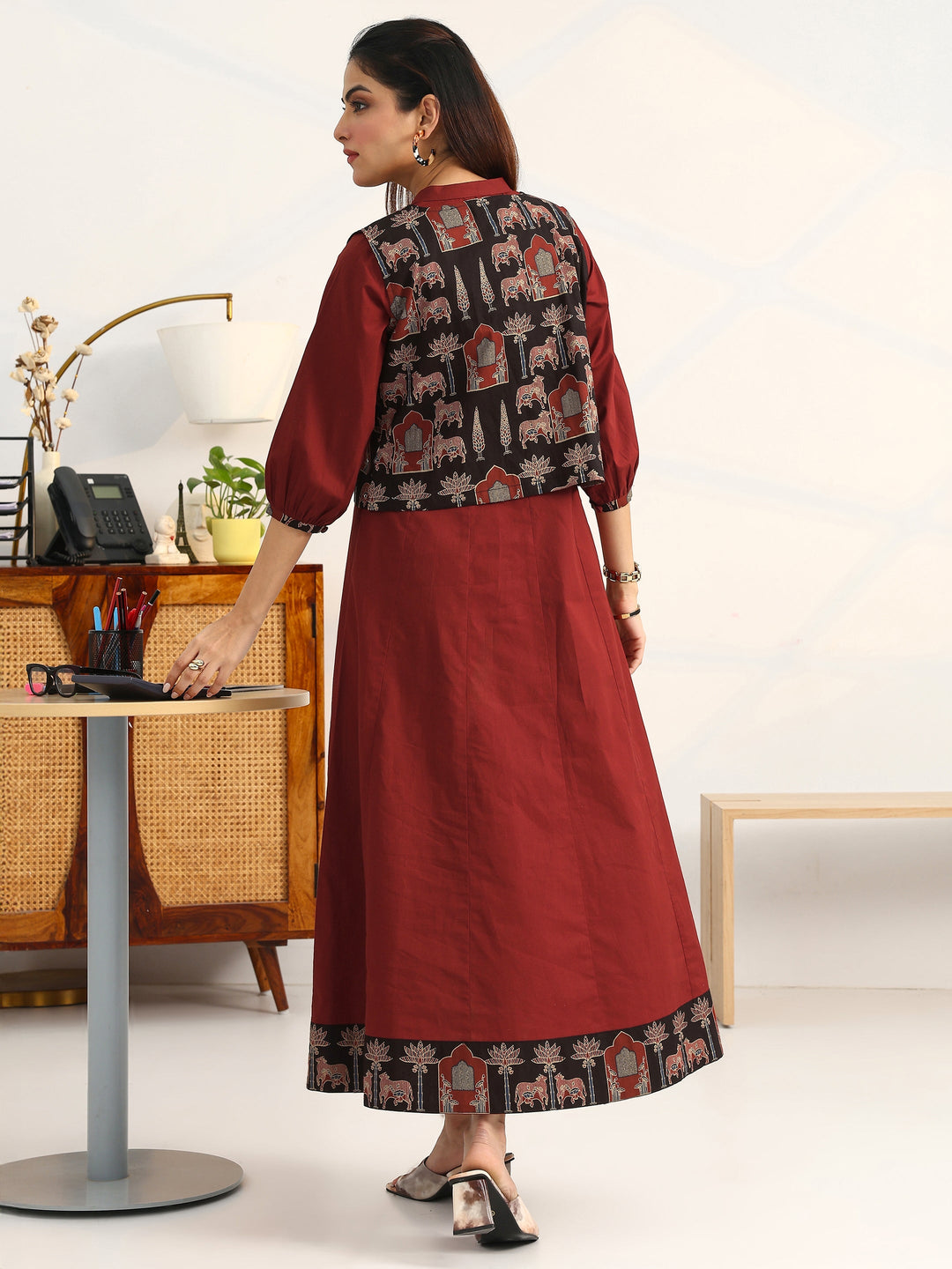 Rust Solid Cotton A-Line Puff Sleeves One Piece Dress With Jacket