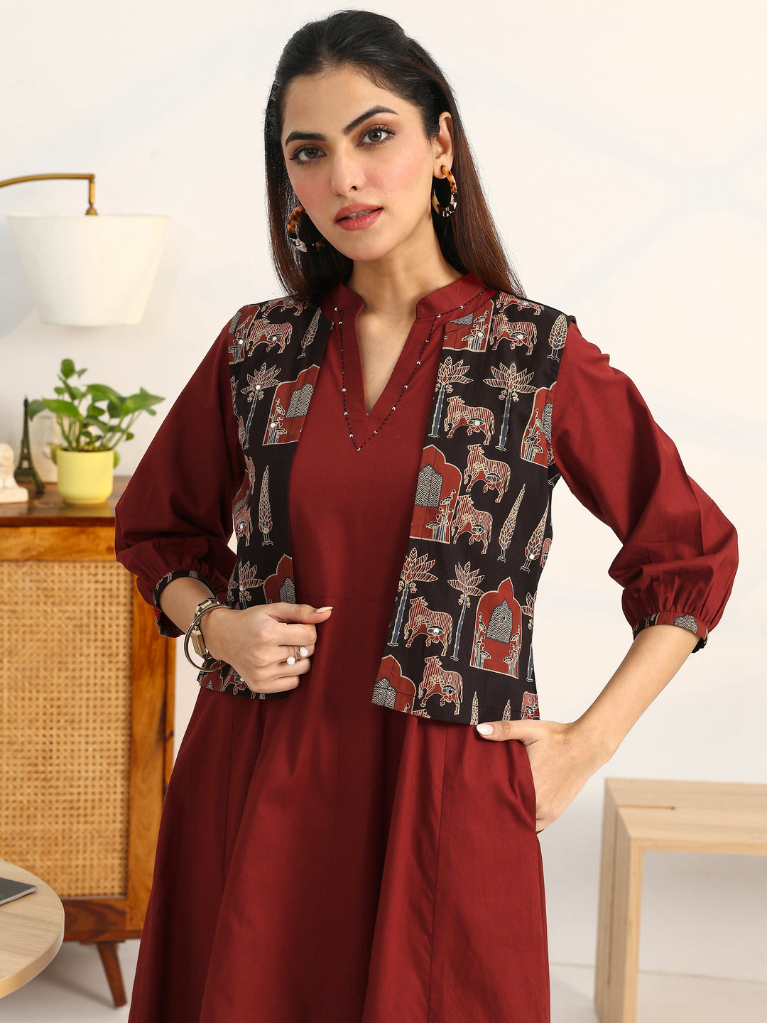 Rust Solid Cotton A-Line Puff Sleeves One Piece Dress With Jacket