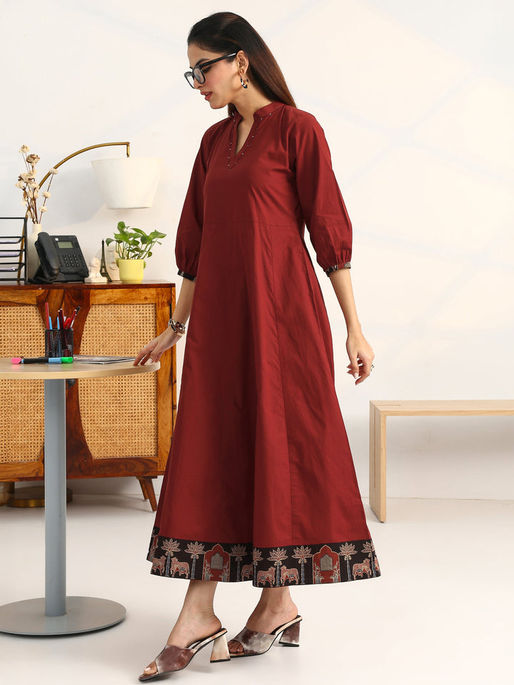 Rust Solid Cotton A-Line Puff Sleeves One Piece Dress With Jacket