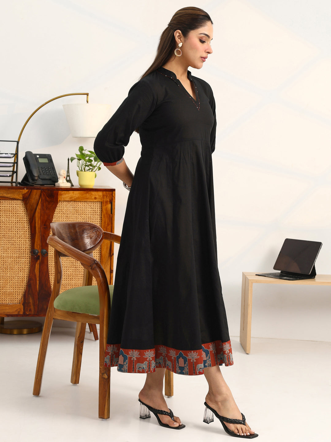 Black Solid Cotton A-Line Puff Sleeves One Piece Dress With Jacket