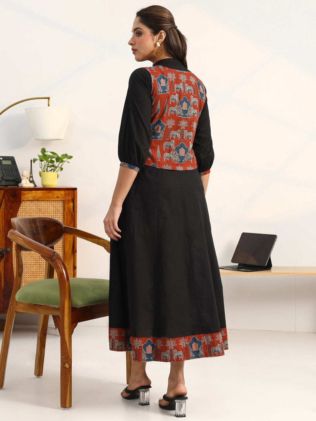 Black Solid Cotton A-Line Puff Sleeves One Piece Dress With Jacket
