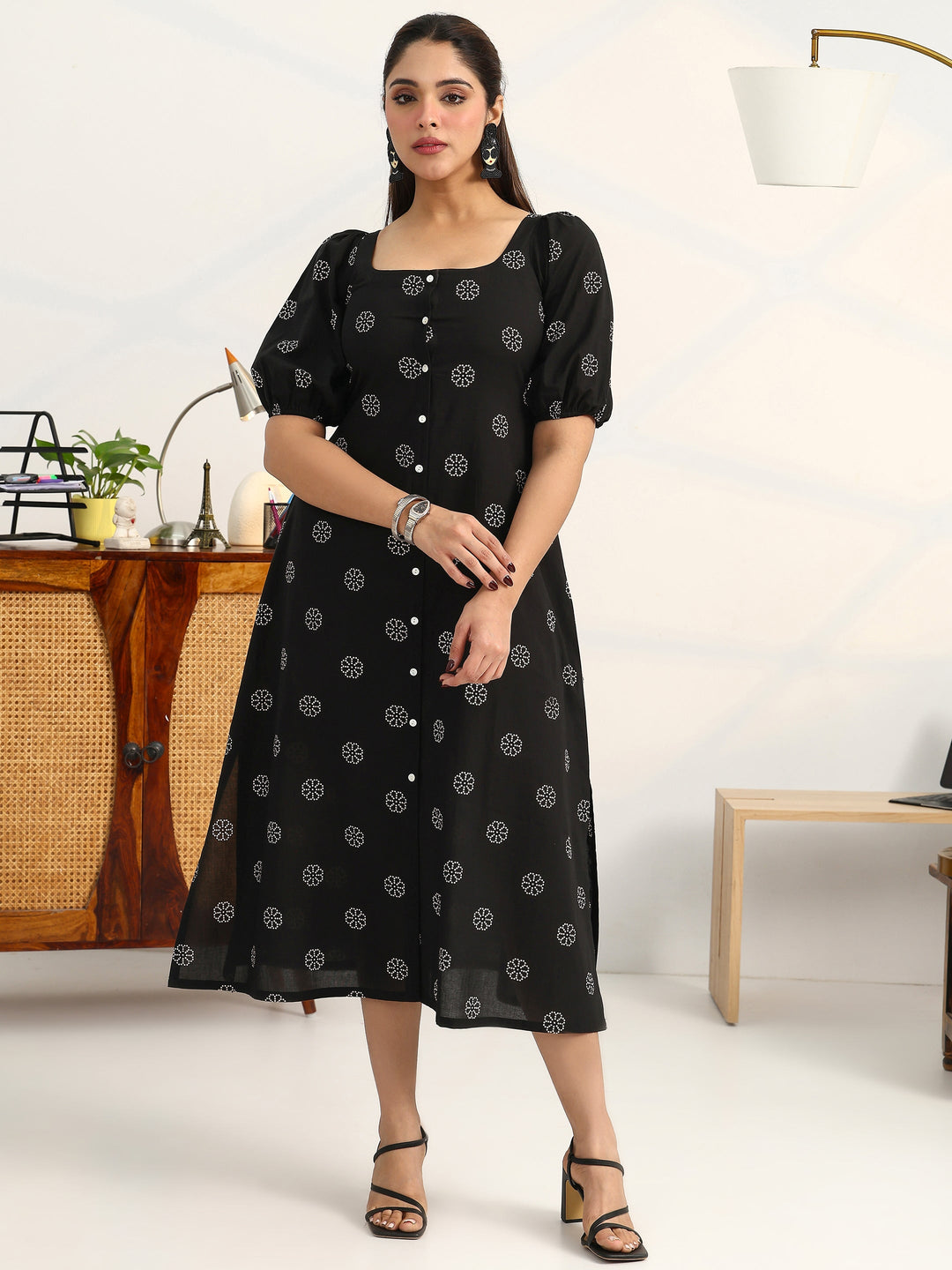 Black Printed Cotton A-Line Puff Sleeves One Piece Dress