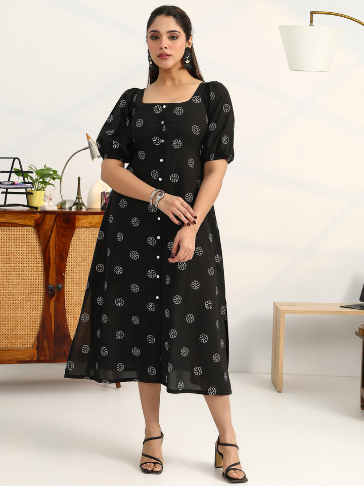 Black Printed Cotton A-Line Puff Sleeves One Piece Dress