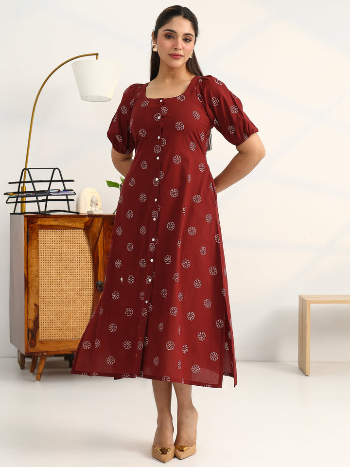 Rust Printed Cotton A-Line Puff Sleeves One Piece Dress