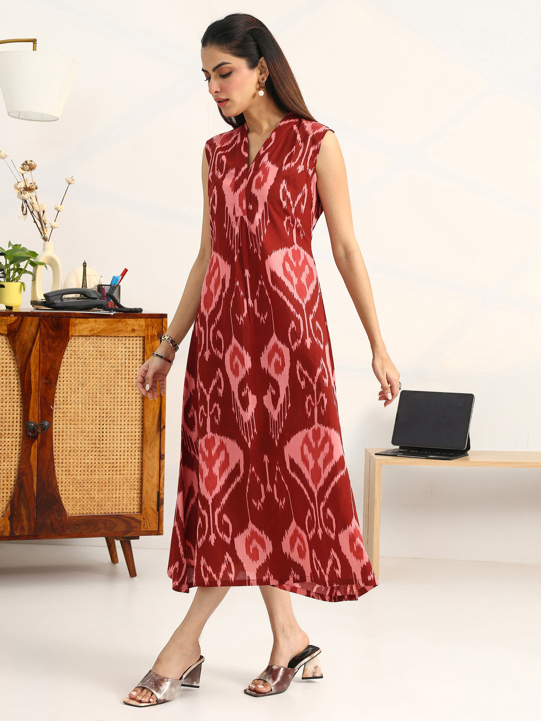 Rust Printed Cotton A-Line Sleeveless One Piece Dress