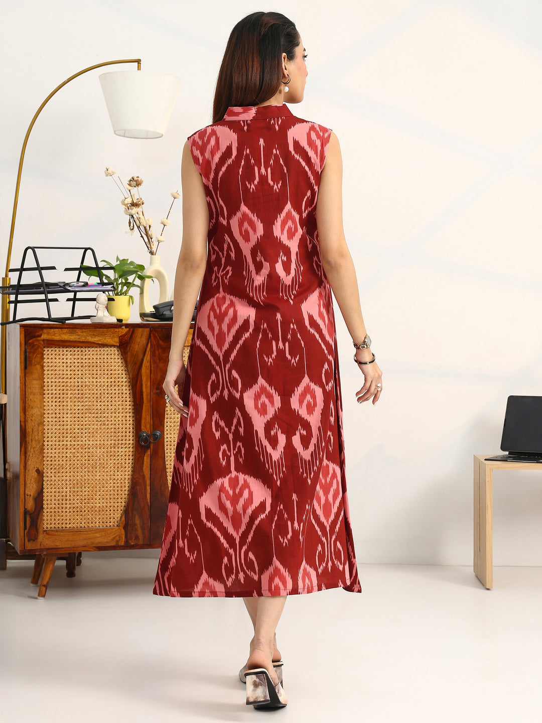 Rust Printed Cotton A-Line Sleeveless One Piece Dress