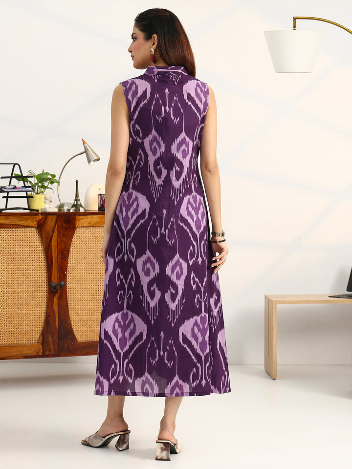 Purple Printed Cotton A-Line Sleeveless One Piece Dress