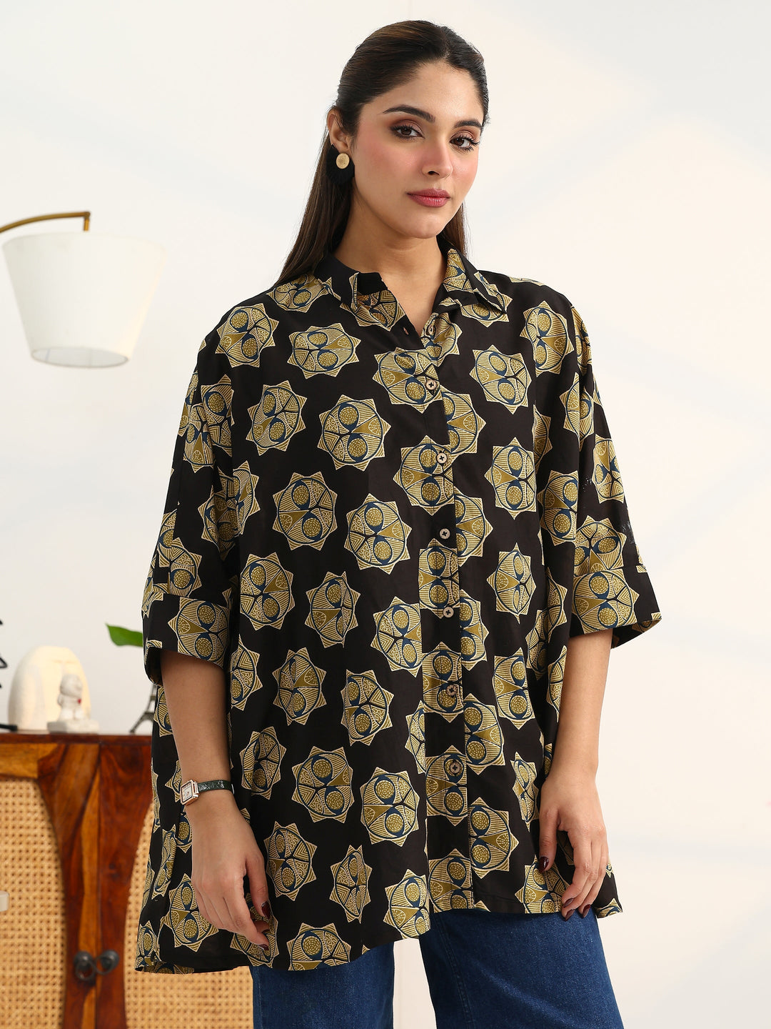 Classic Corp Black Printed Cotton Blend Shirt