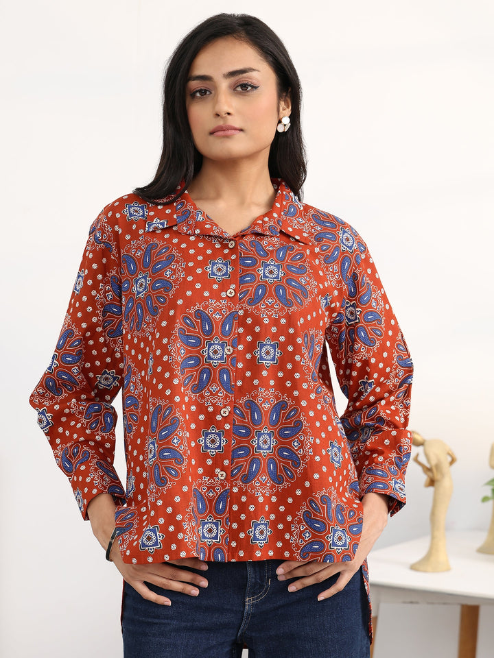 Rust Ethnic Motifs Printed Cotton Shirt