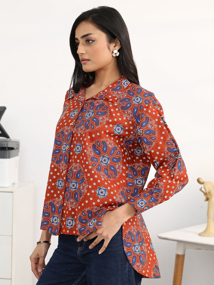 Rust Ethnic Motifs Printed Cotton Shirt