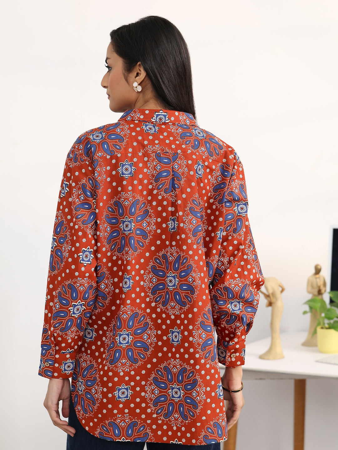 Rust Ethnic Motifs Printed Cotton Shirt
