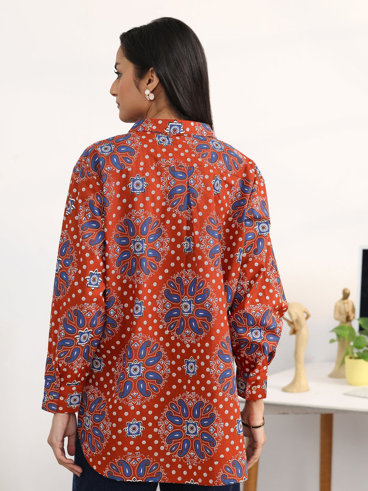 Rust Ethnic Motifs Printed Cotton Shirt