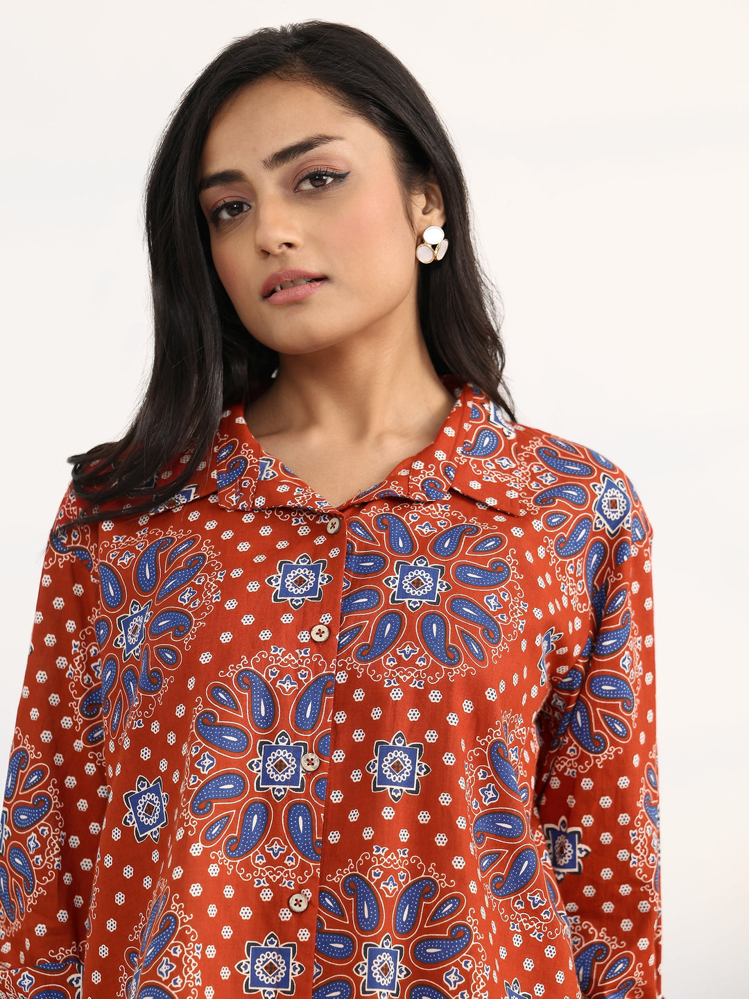 Rust Ethnic Motifs Printed Cotton Shirt