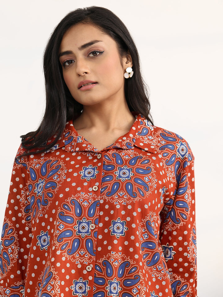 Rust Ethnic Motifs Printed Cotton Shirt