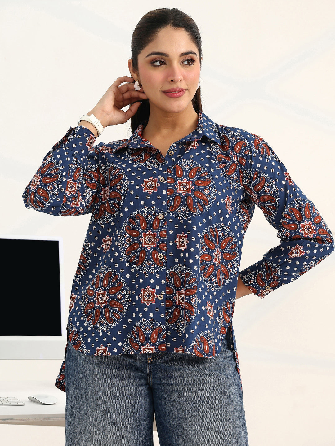 Blue Paisley Printed Cotton Shirt