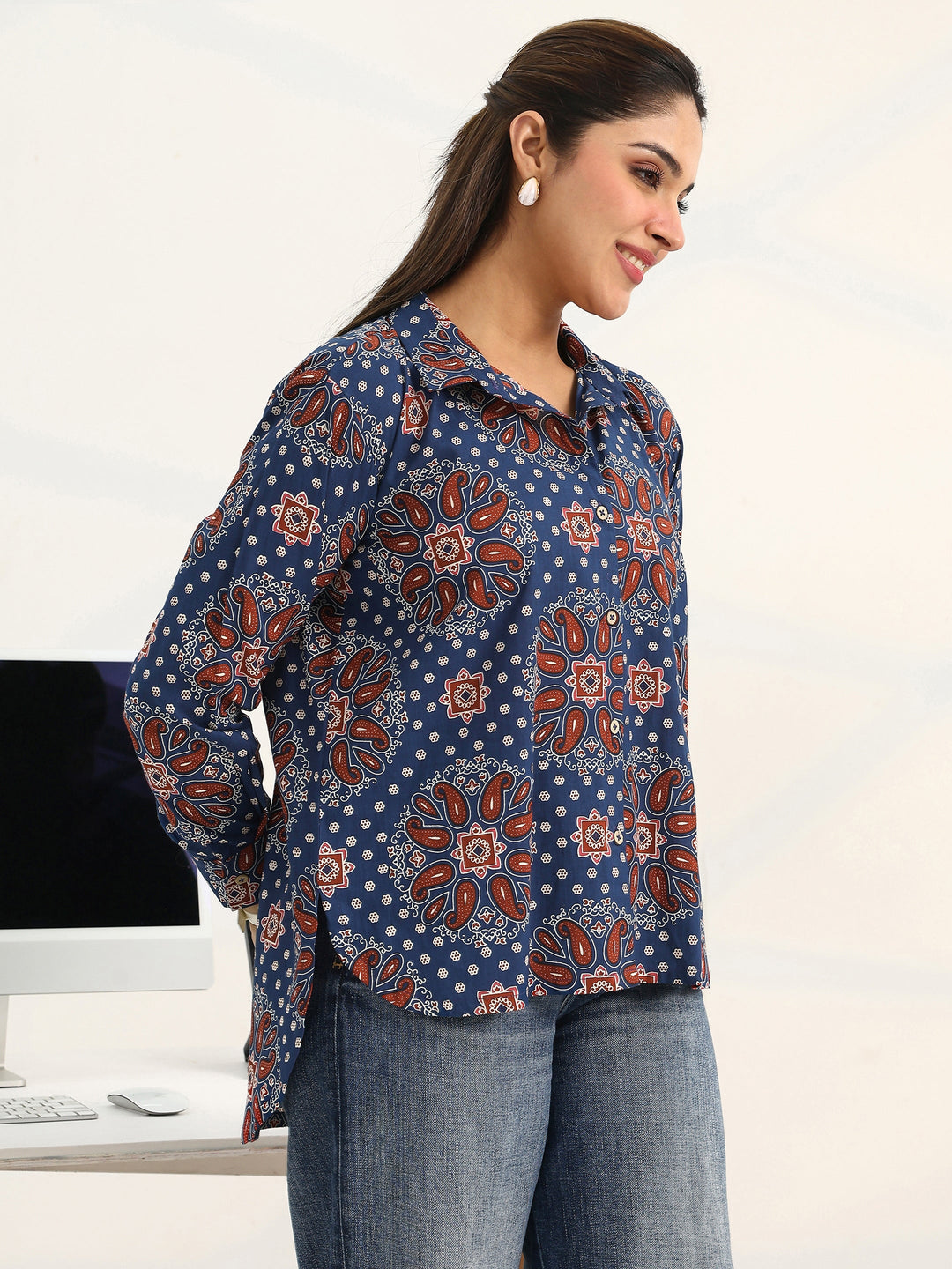 Blue Paisley Printed Cotton Shirt