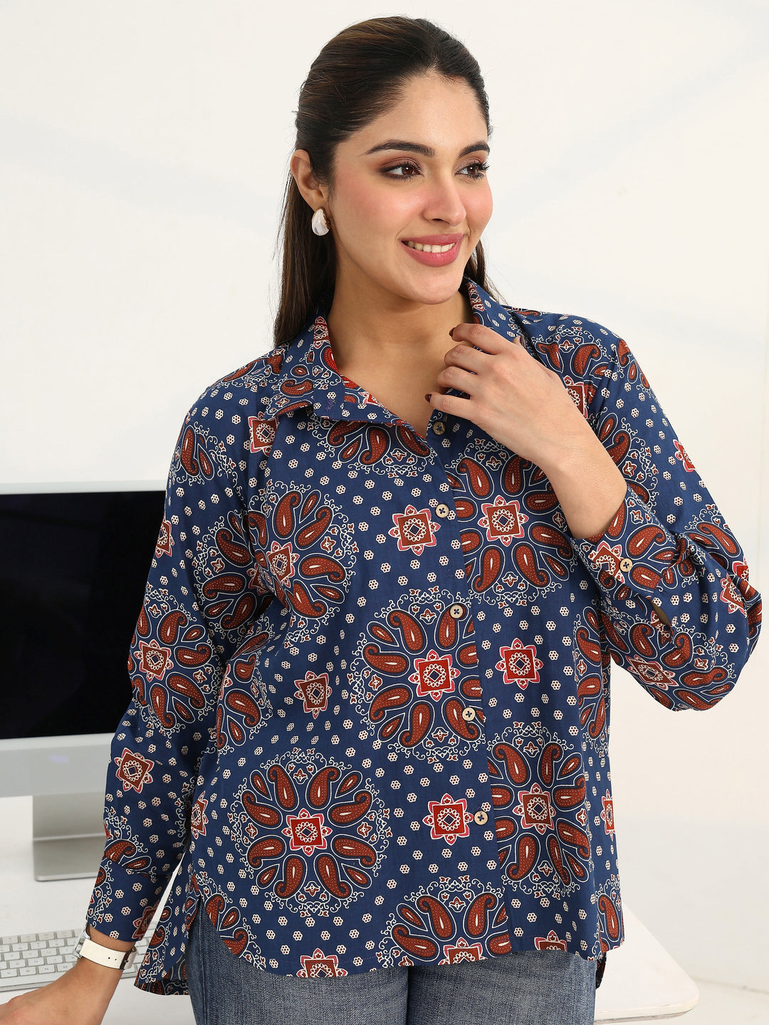 Blue Paisley Printed Cotton Shirt