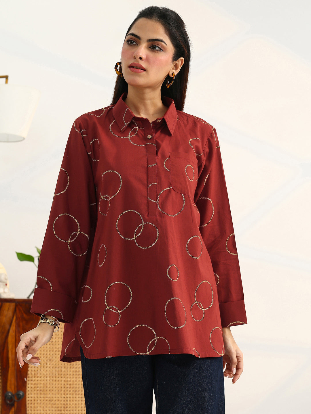 Rust Geometric Printed Cotton Blend Straight Short Kurti