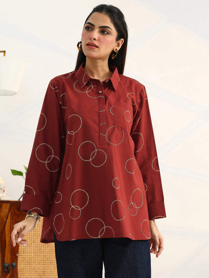 Rust Geometric Printed Cotton Blend Straight Short Kurti
