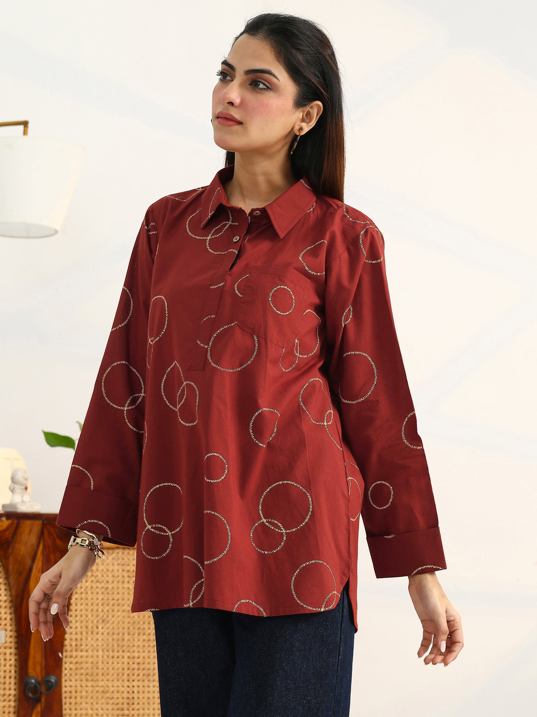 Rust Geometric Printed Cotton Blend Straight Short Kurti