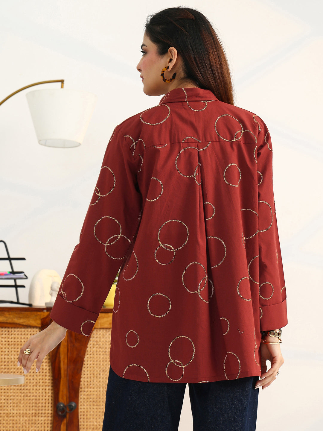 Rust Geometric Printed Cotton Blend Straight Short Kurti